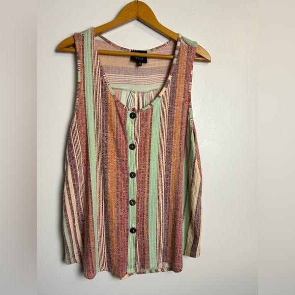 W5 Tank Top Blouse M Striped Multicolor Sleeveless Boho Stretch Button Down Chic - Picture 1 of 12